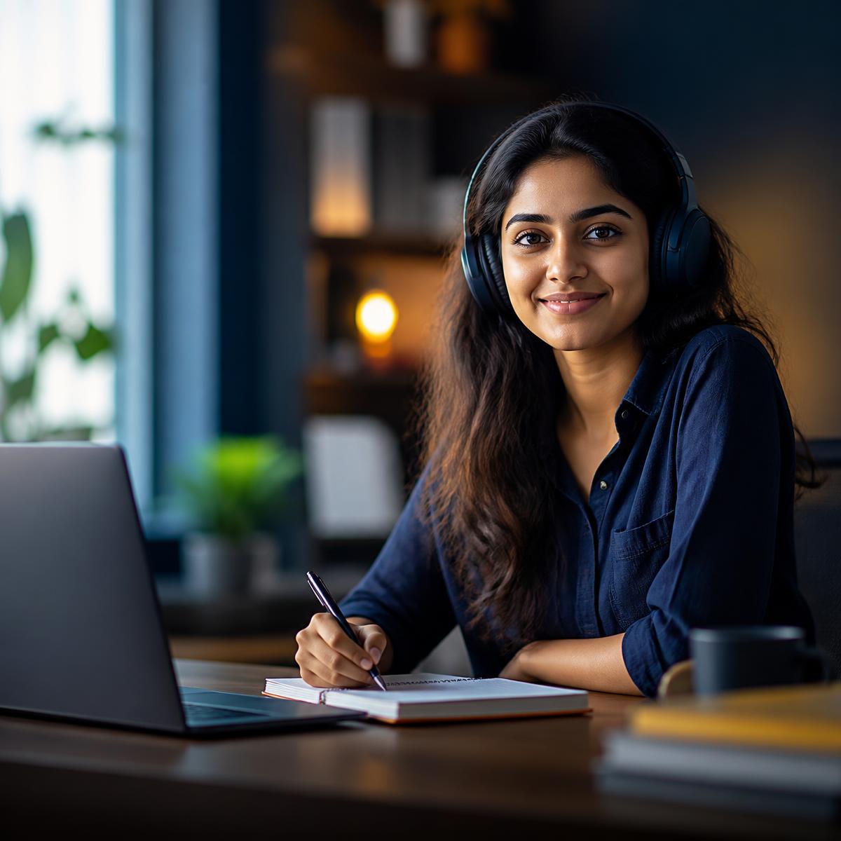 Student practising an IELTS listening test on a laptop with headphones